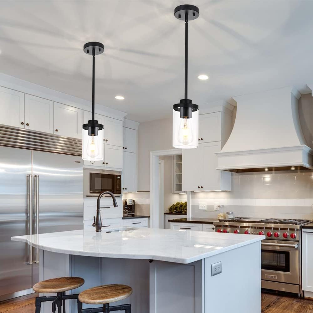 Pendant Light, Industrial One Light Kitchen Island Lighting, Modern Farmhouse Glass Shade Pendant, 11X7X6 Inches, Black, for Living Room, Bedroom, Hallway