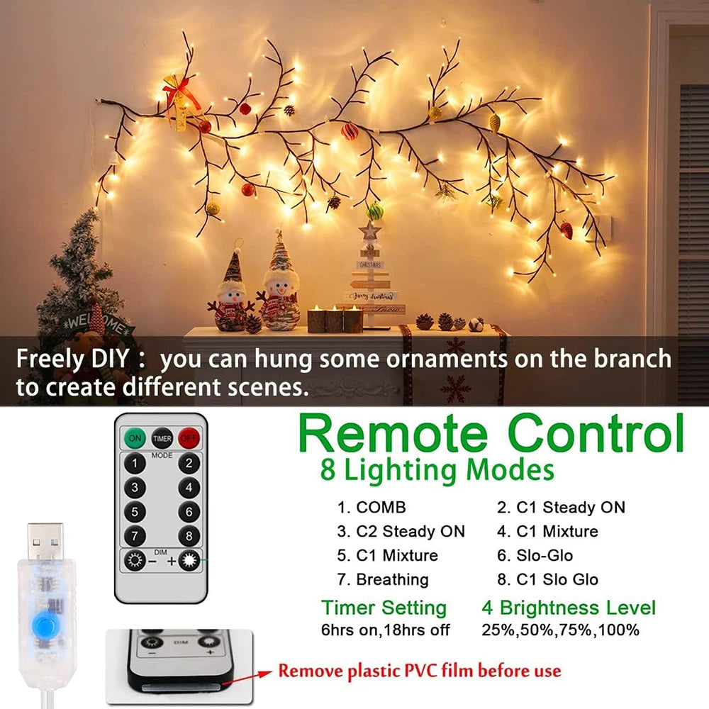 96LED Tree Branch Lamp Bedroom Wall Decoration Willow Vine Tree Light Strip 8 Lighting Modes DIY Atmosphere Light Home Lighting
