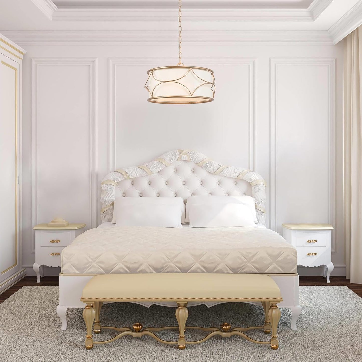 Gold Drum Chandelier, 3-Light Modern Pendant Lighting Fixture for Dining Room, Bedroom, Kitchen, Bathroom, Living Room
