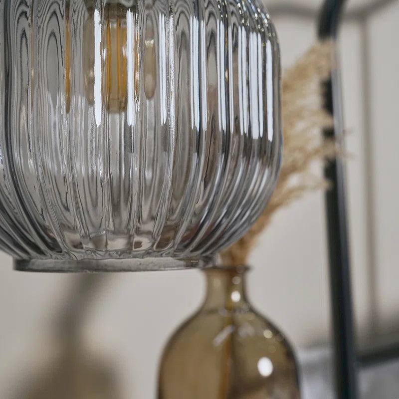 Brushed Chrome Hanging Ceiling Light Fitting with Ribbed Smoked Glass Shade