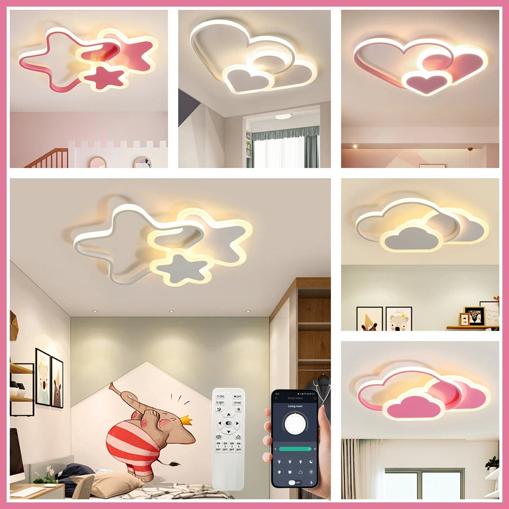 Led Ceiling Lamp for Children Kid Girls Room Bedroom Study Cloud Ceiling Light Heart Shape Pink Child Kid Star Chandelier Light