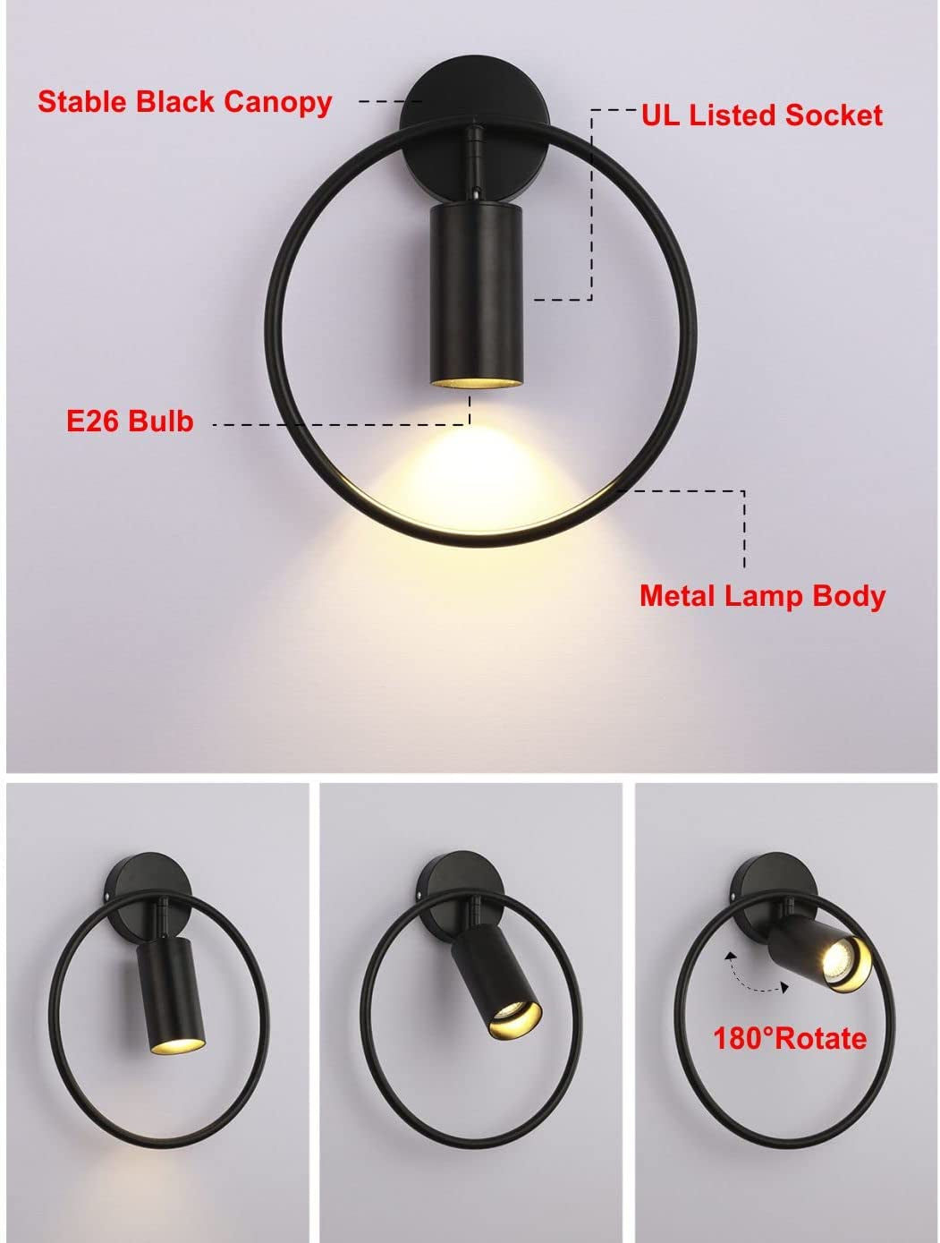 Modo Lighting Mid Century Wall Sconces Lighting 1-Light Wall Mounted Light Mid Century Wall Decor Lighting Lamp Circular Bedroom Light Fixture (Black, 2Pack)