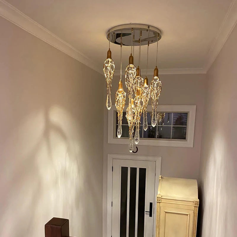 Modern Brass Crystal Chandelier Lighting Copper Pendant Hanging Light Luxury Glass Drops Chandelier Lighting Restaurant Lighting