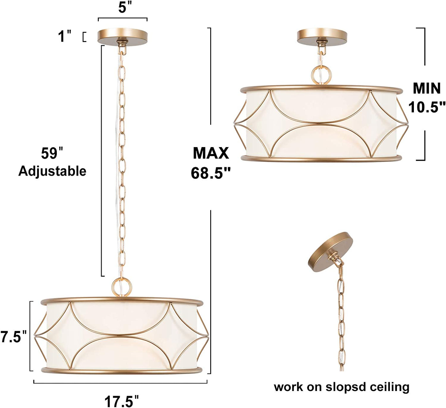 Gold Drum Chandelier, 3-Light Modern Pendant Lighting Fixture for Dining Room, Bedroom, Kitchen, Bathroom, Living Room