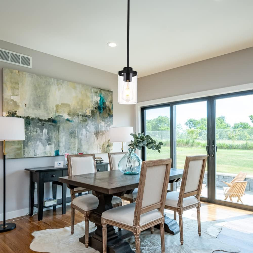 Pendant Light, Industrial One Light Kitchen Island Lighting, Modern Farmhouse Glass Shade Pendant, 11X7X6 Inches, Black, for Living Room, Bedroom, Hallway