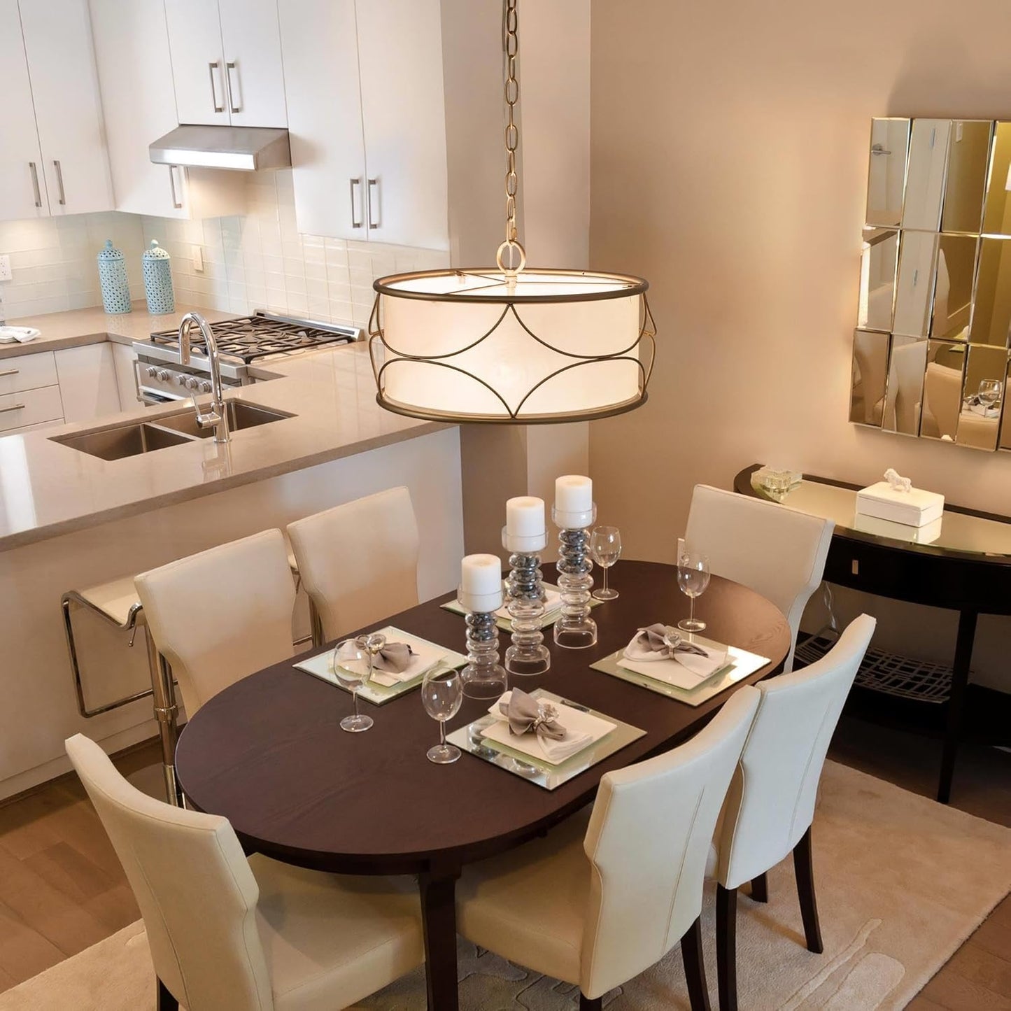 Gold Drum Chandelier, 3-Light Modern Pendant Lighting Fixture for Dining Room, Bedroom, Kitchen, Bathroom, Living Room