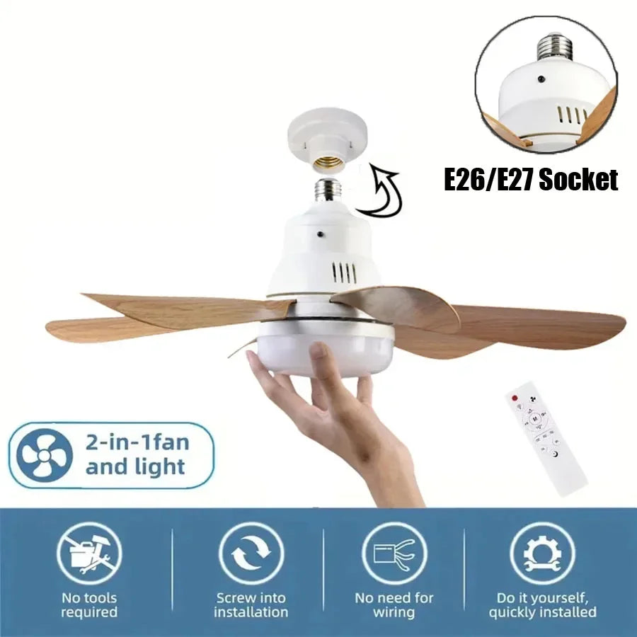 Wood Led Socket Ceiling Fan with Light E27 and Remote Control 3 Colors Dimming Chandelier Fan Silent for Room Home Lighting