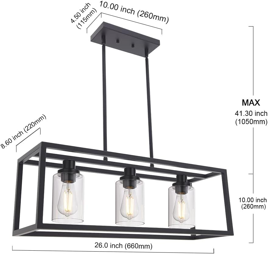 Kitchen Island Lighting 3 Lights Farmhouse Chandelier, Black Pendant Lighting with Clear Glass Shade, Dining Room Lighting Fixtures Hanging Rectangle Chandelier Lighting