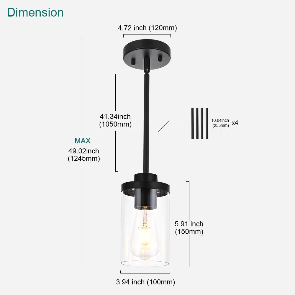 Pendant Light, Industrial One Light Kitchen Island Lighting, Modern Farmhouse Glass Shade Pendant, 11X7X6 Inches, Black, for Living Room, Bedroom, Hallway