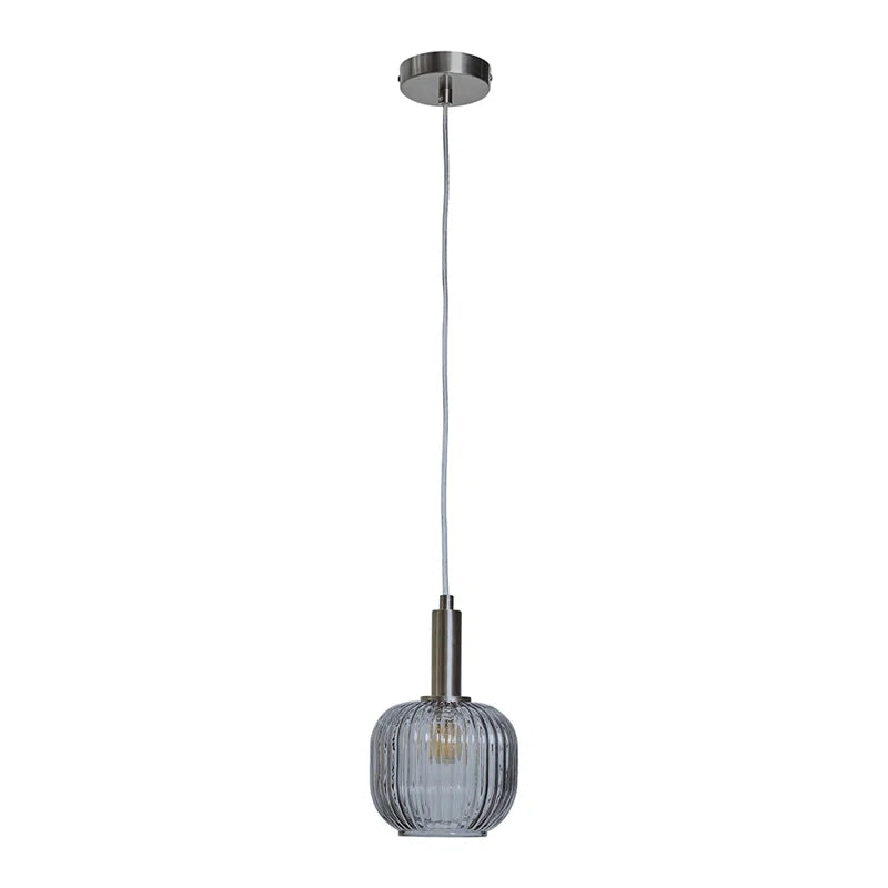 Brushed Chrome Hanging Ceiling Light Fitting with Ribbed Smoked Glass Shade