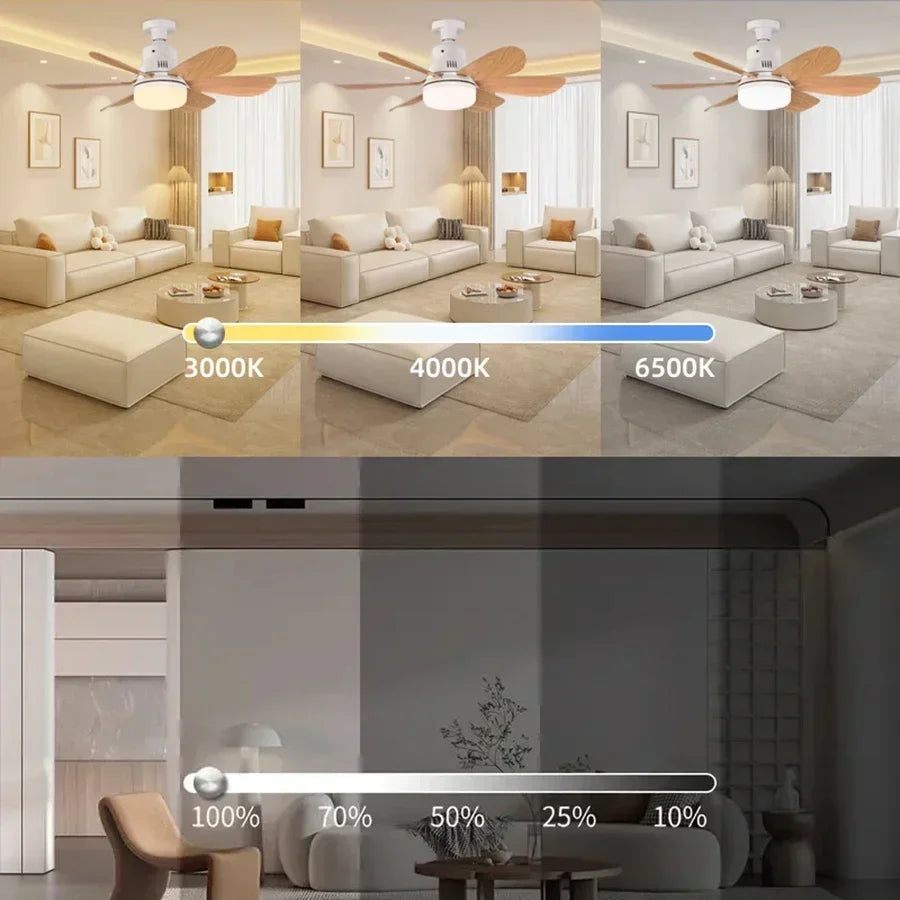 Wood Led Socket Ceiling Fan with Light E27 and Remote Control 3 Colors Dimming Chandelier Fan Silent for Room Home Lighting