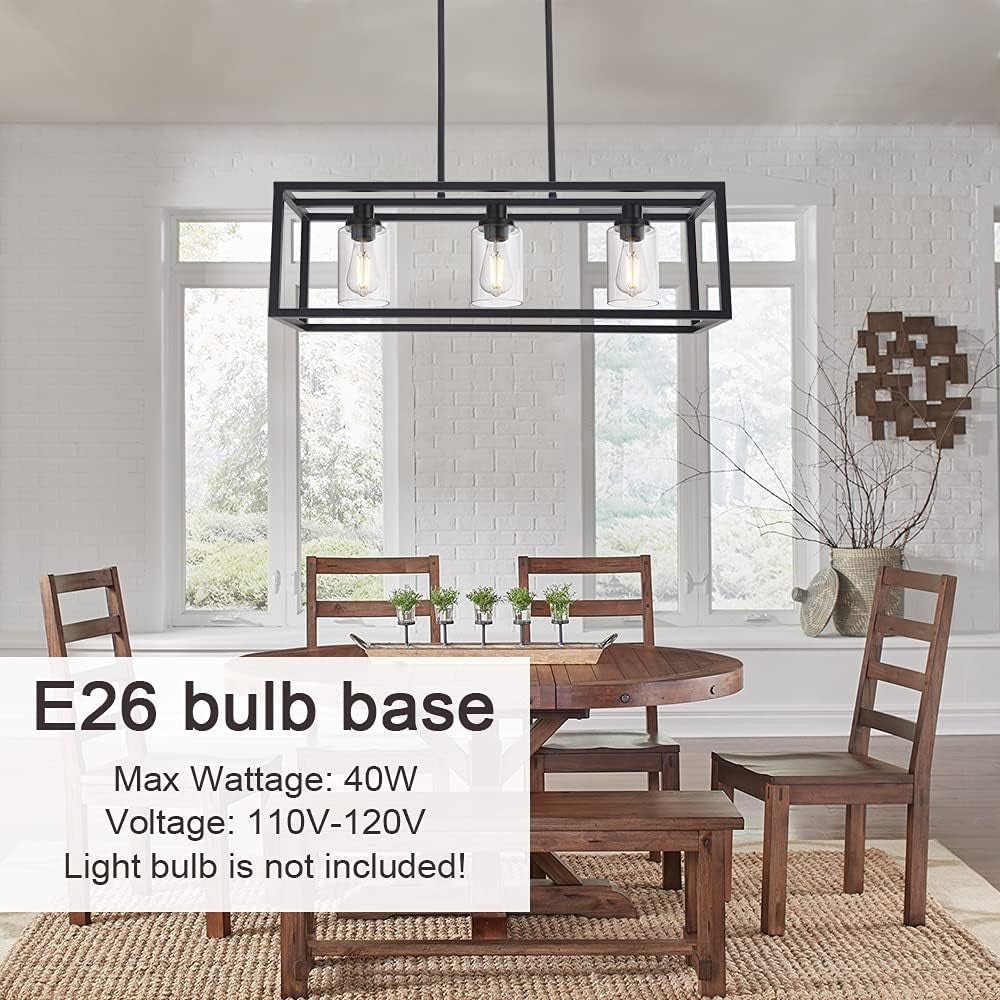 Kitchen Island Lighting 3 Lights Farmhouse Chandelier, Black Pendant Lighting with Clear Glass Shade, Dining Room Lighting Fixtures Hanging Rectangle Chandelier Lighting