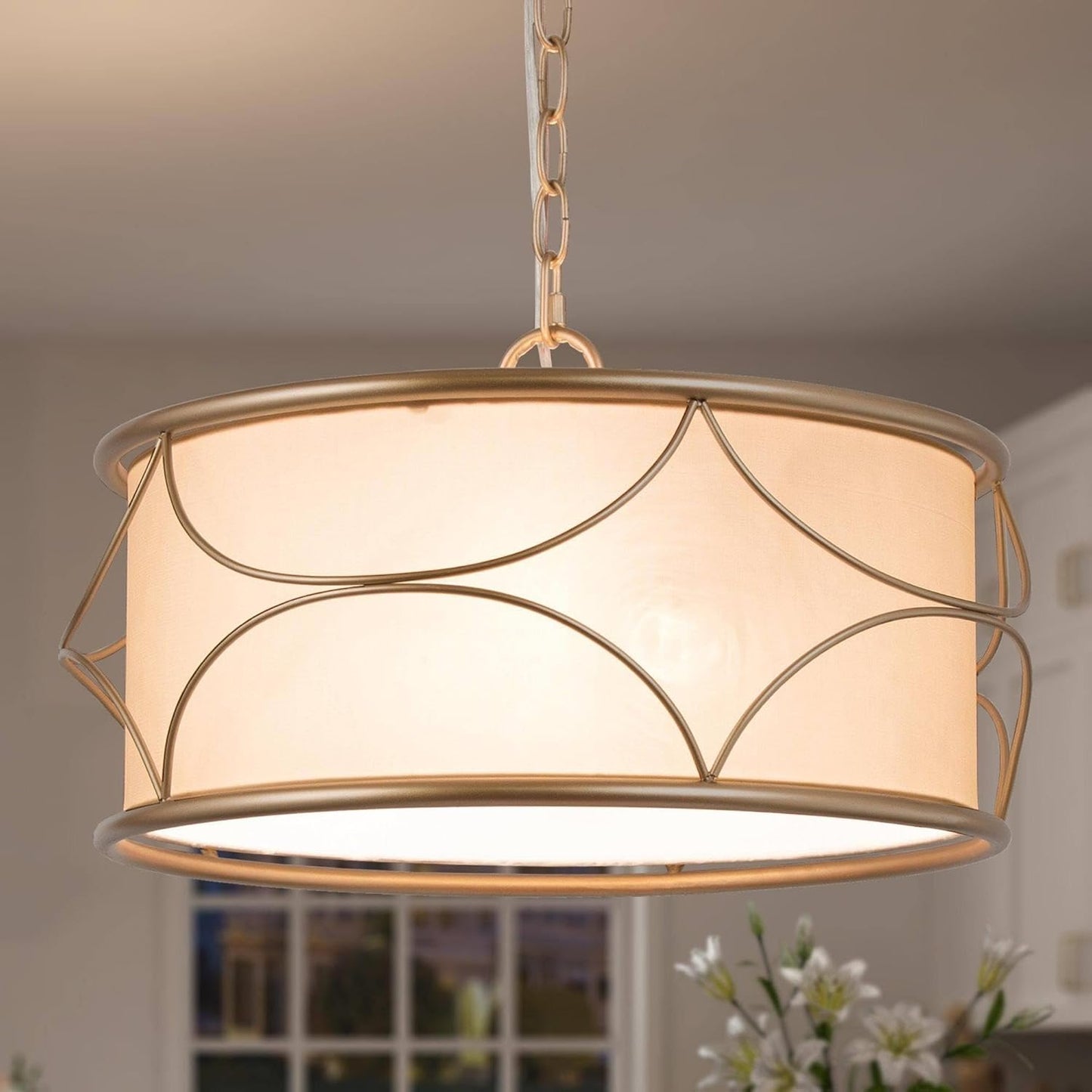 Gold Drum Chandelier, 3-Light Modern Pendant Lighting Fixture for Dining Room, Bedroom, Kitchen, Bathroom, Living Room