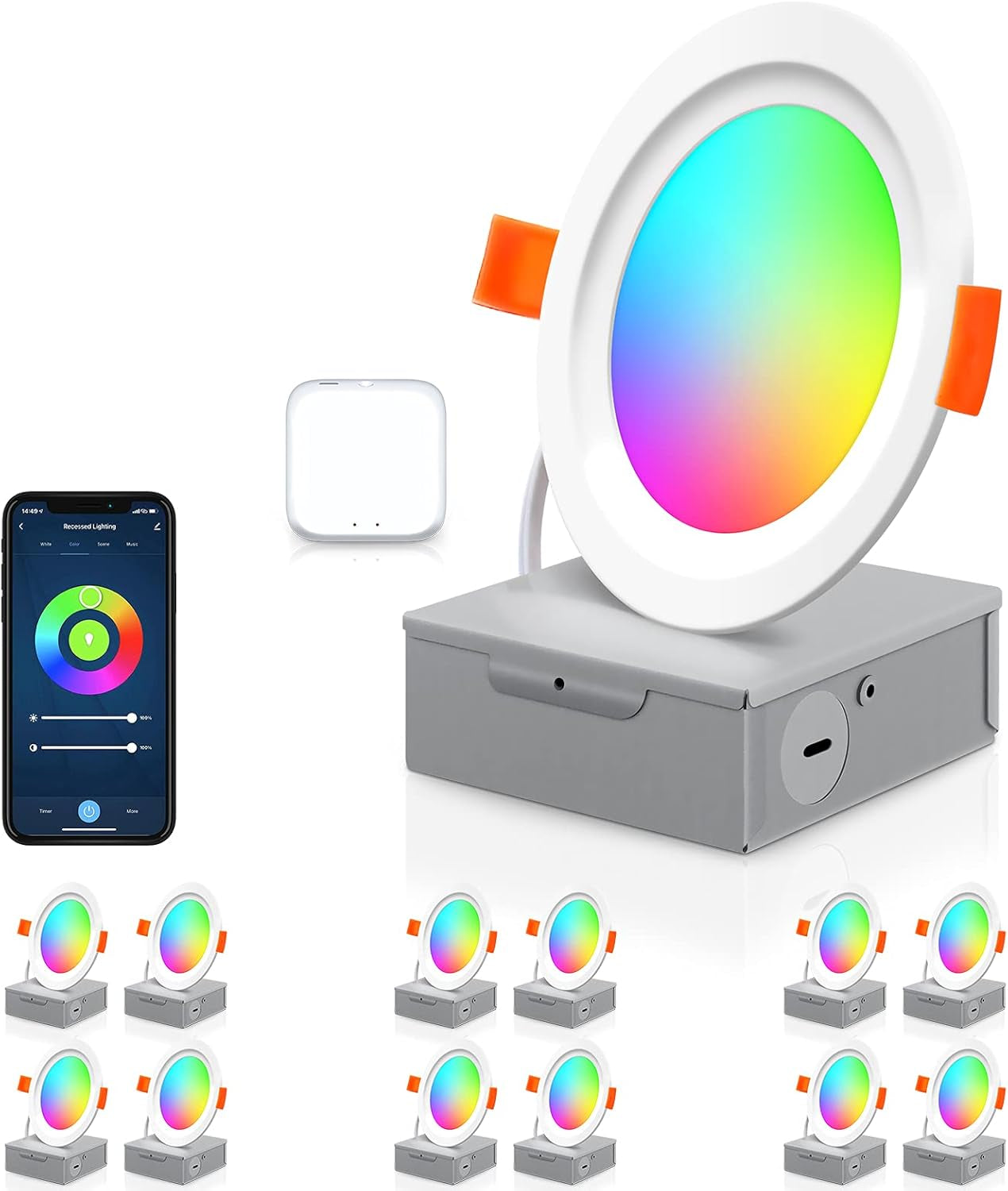 Smart Recessed Lighting, 4 Inch RGB LED Recessed Lighting with Warm & Cool White, Dimmable, 10W 800LM, Color Changing Recessed Lighting Work with Alexa/Google/Siri, Sync to Music, 12 Pack