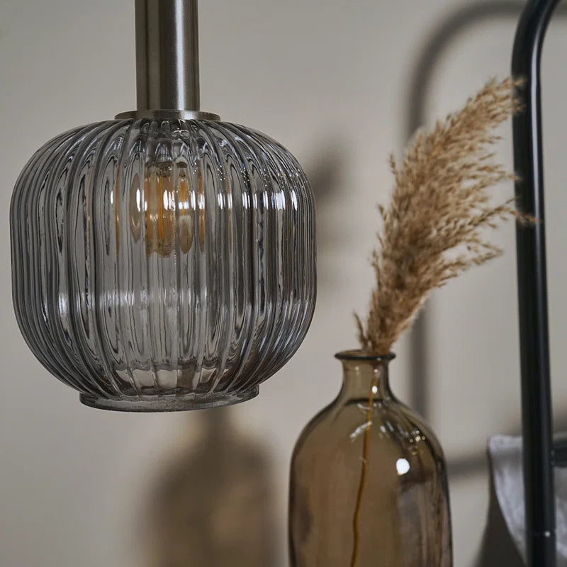 Brushed Chrome Hanging Ceiling Light Fitting with Ribbed Smoked Glass Shade