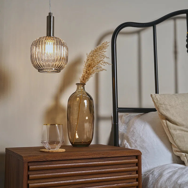 Brushed Chrome Hanging Ceiling Light Fitting with Ribbed Smoked Glass Shade