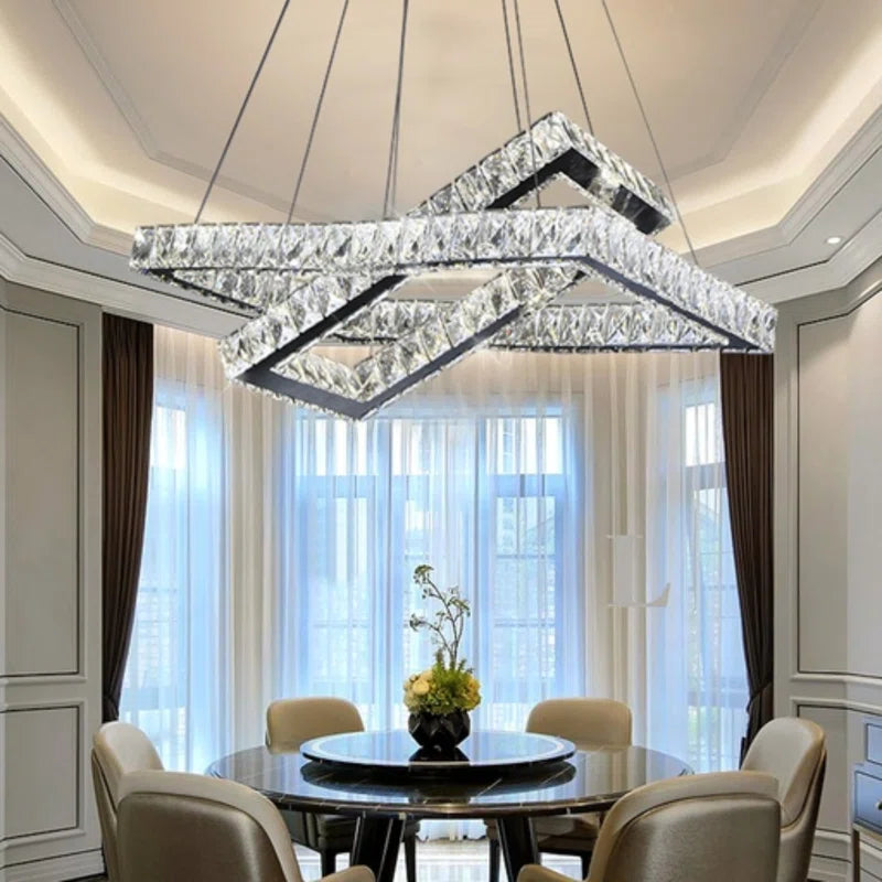 Chetram 1-Modern Crystal Square Chandelier - Luxury Chrome Flush Mount Ceiling Light with LED and Glass Droplets for Living Room, Bedroom, Foyer, and Restaurant
