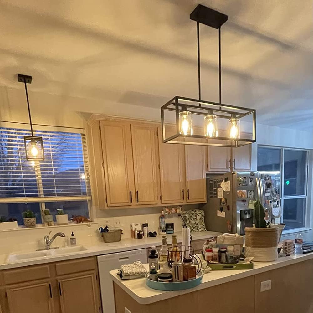 Kitchen Island Lighting 3 Lights Farmhouse Chandelier, Black Pendant Lighting with Clear Glass Shade, Dining Room Lighting Fixtures Hanging Rectangle Chandelier Lighting