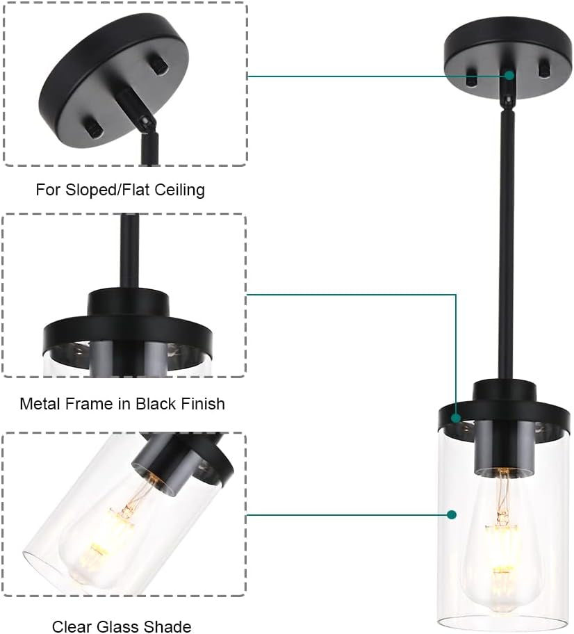 Pendant Light, Industrial One Light Kitchen Island Lighting, Modern Farmhouse Glass Shade Pendant, 11X7X6 Inches, Black, for Living Room, Bedroom, Hallway