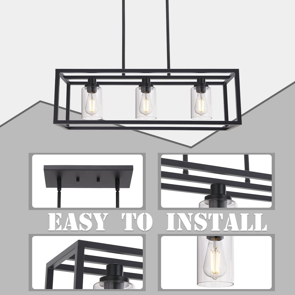 Kitchen Island Lighting 3 Lights Farmhouse Chandelier, Black Pendant Lighting with Clear Glass Shade, Dining Room Lighting Fixtures Hanging Rectangle Chandelier Lighting