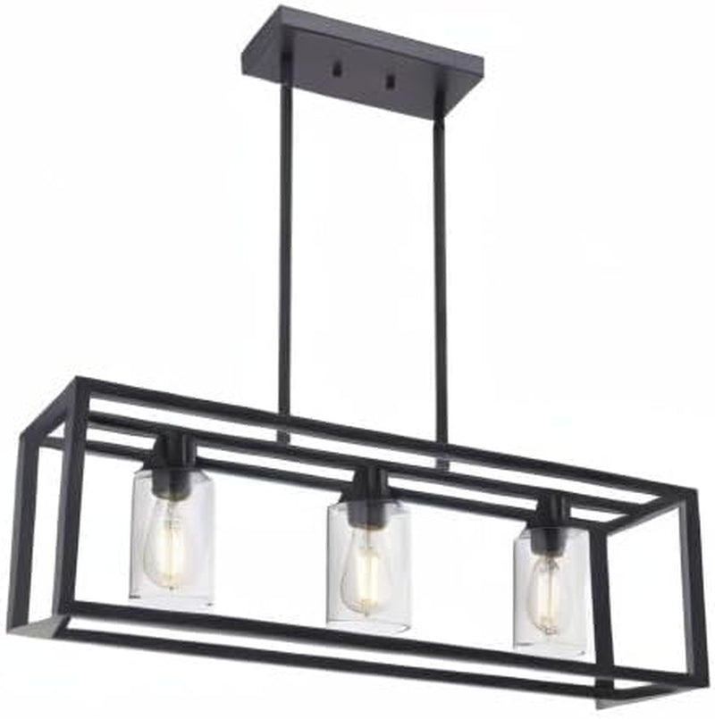 Kitchen Island Lighting 3 Lights Farmhouse Chandelier, Black Pendant Lighting with Clear Glass Shade, Dining Room Lighting Fixtures Hanging Rectangle Chandelier Lighting
