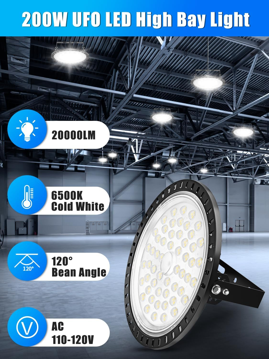 UFO LED High Bay Lights 200W 10 Packs, Super Bright 20000LM, 6500K Daylight, Waterproof, High Bay Lighting for Factory, Warehouse, Workshop