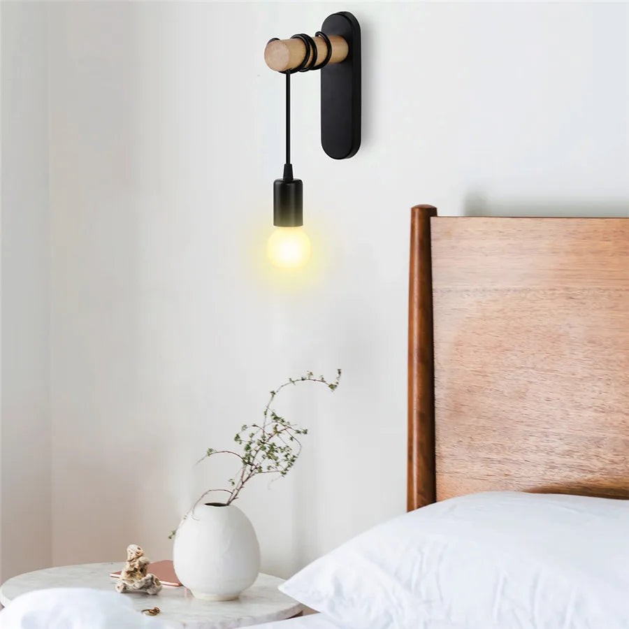 Nordic Wood Wall Lights Bedroom Bedside Lamp Black Creative Modern E27 Wall Lamps Suspension LED Home Lighting Sconce Room Decor