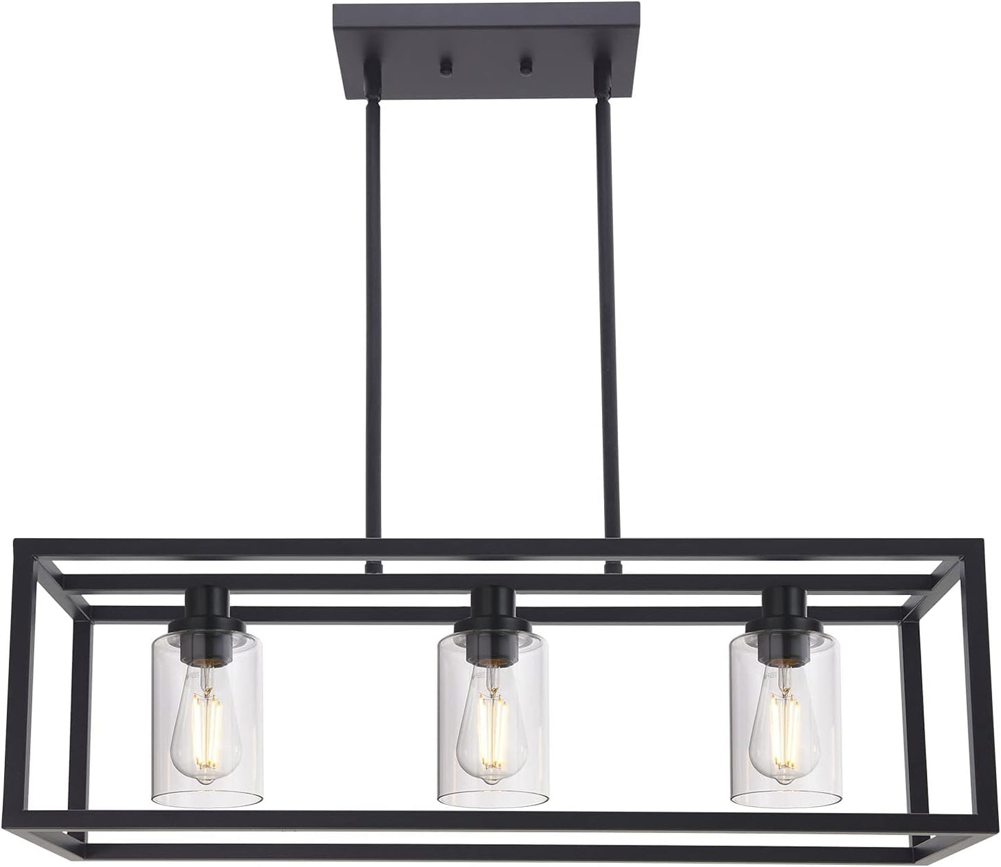Kitchen Island Lighting 3 Lights Farmhouse Chandelier, Black Pendant Lighting with Clear Glass Shade, Dining Room Lighting Fixtures Hanging Rectangle Chandelier Lighting