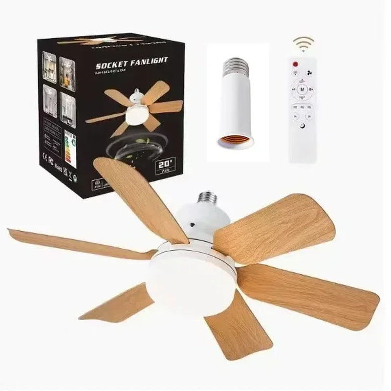 Wood Led Socket Ceiling Fan with Light E27 and Remote Control 3 Colors Dimming Chandelier Fan Silent for Room Home Lighting