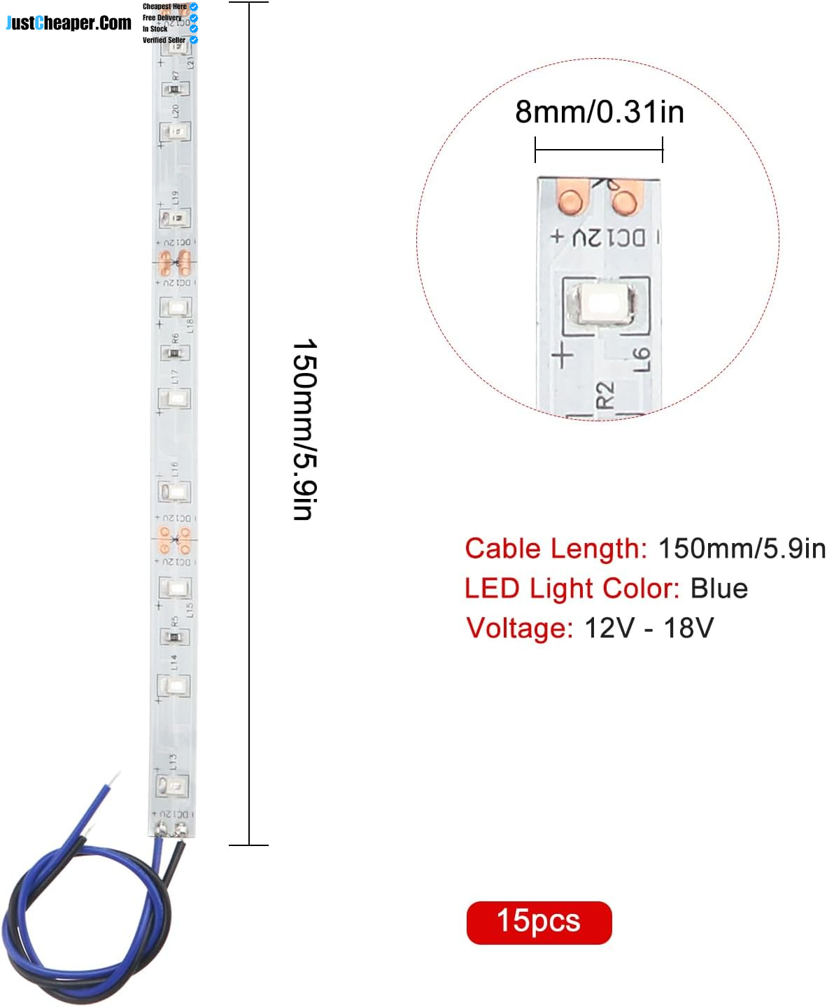 15 PCS 150Mm Prewired Strip LED, 12V - 18V LED Strip Light, 2335 SMD LED Light, Blue