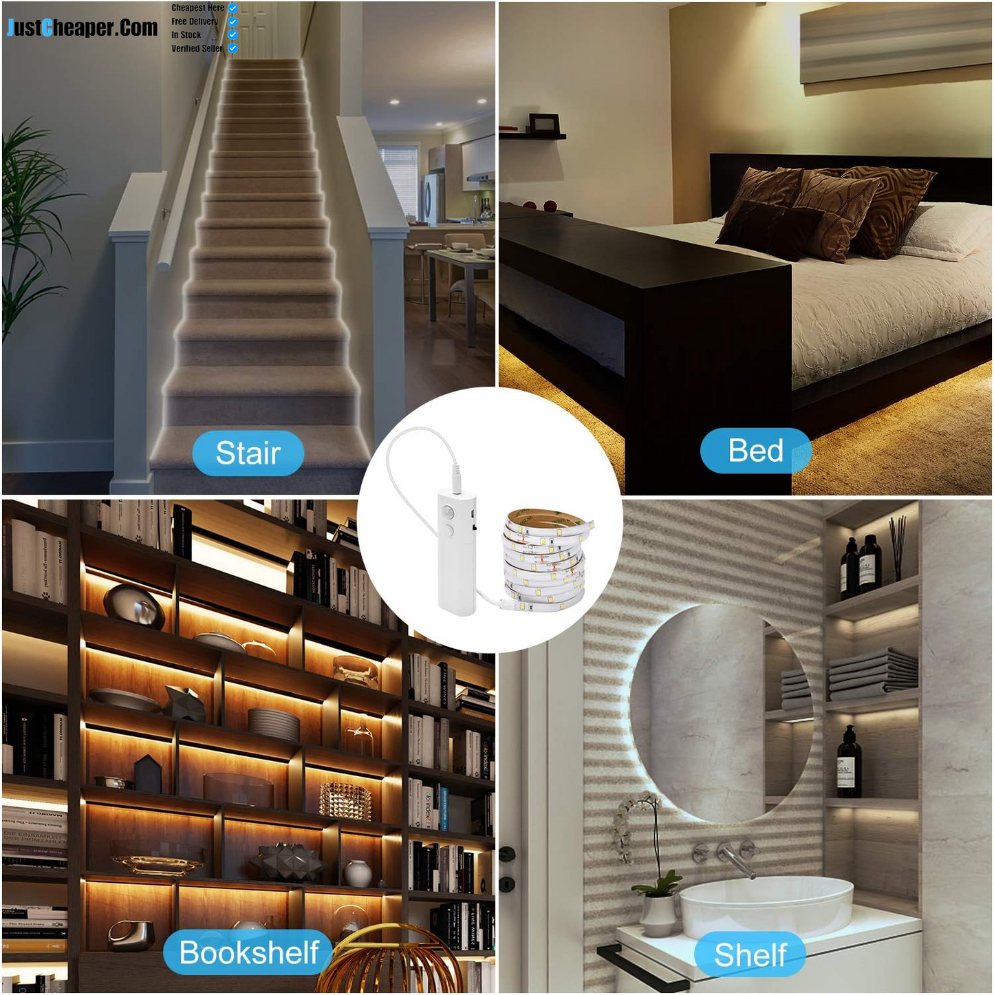 2M Motion Sensor LED Strip Lights with Rechargeable, 6000K Cold White under Cabinet LED Strip Lights for Kitchen Wardrobes, Closet, Cupboard
