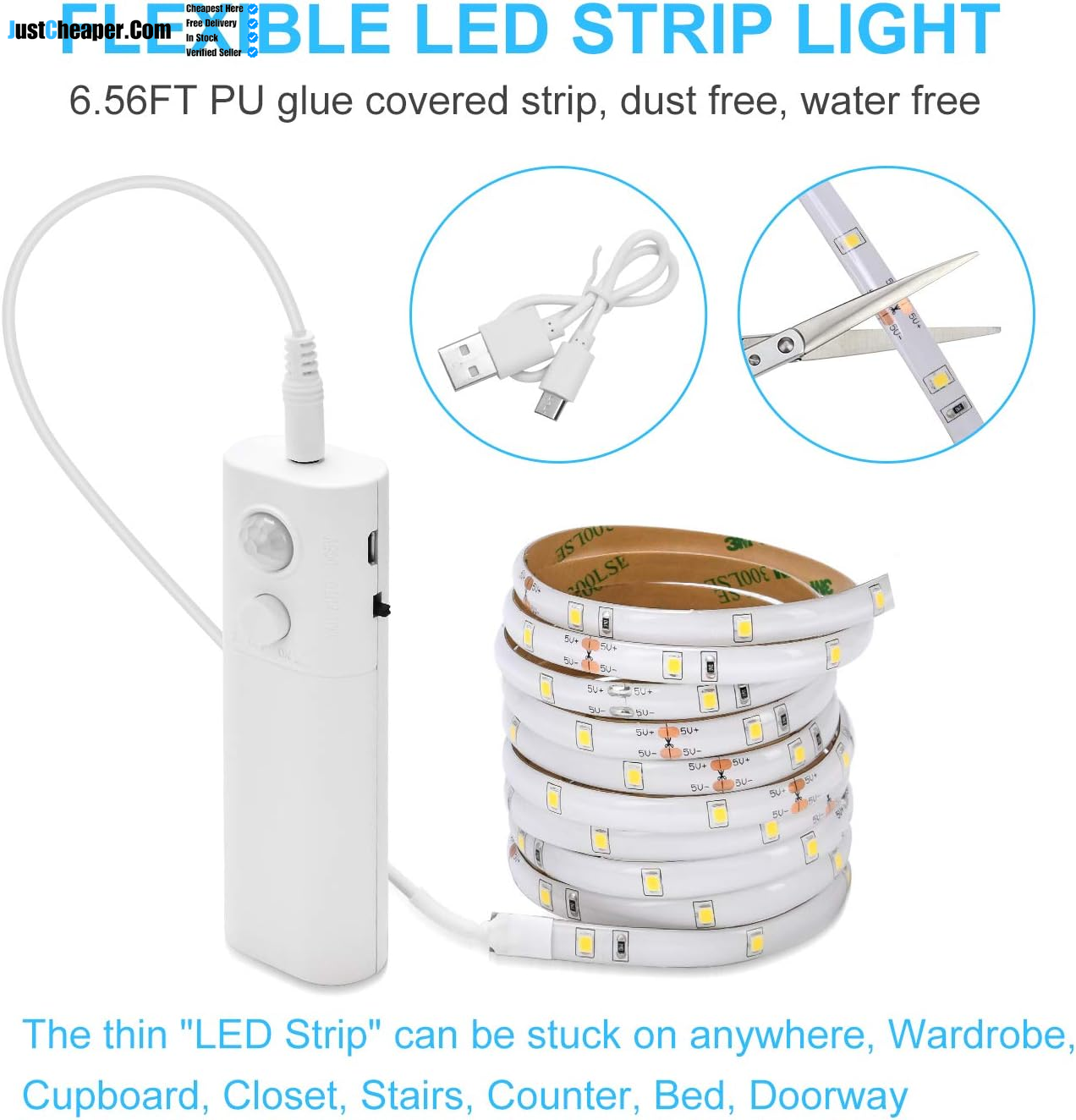 2M Motion Sensor LED Strip Lights with Rechargeable, 6000K Cold White under Cabinet LED Strip Lights for Kitchen Wardrobes, Closet, Cupboard