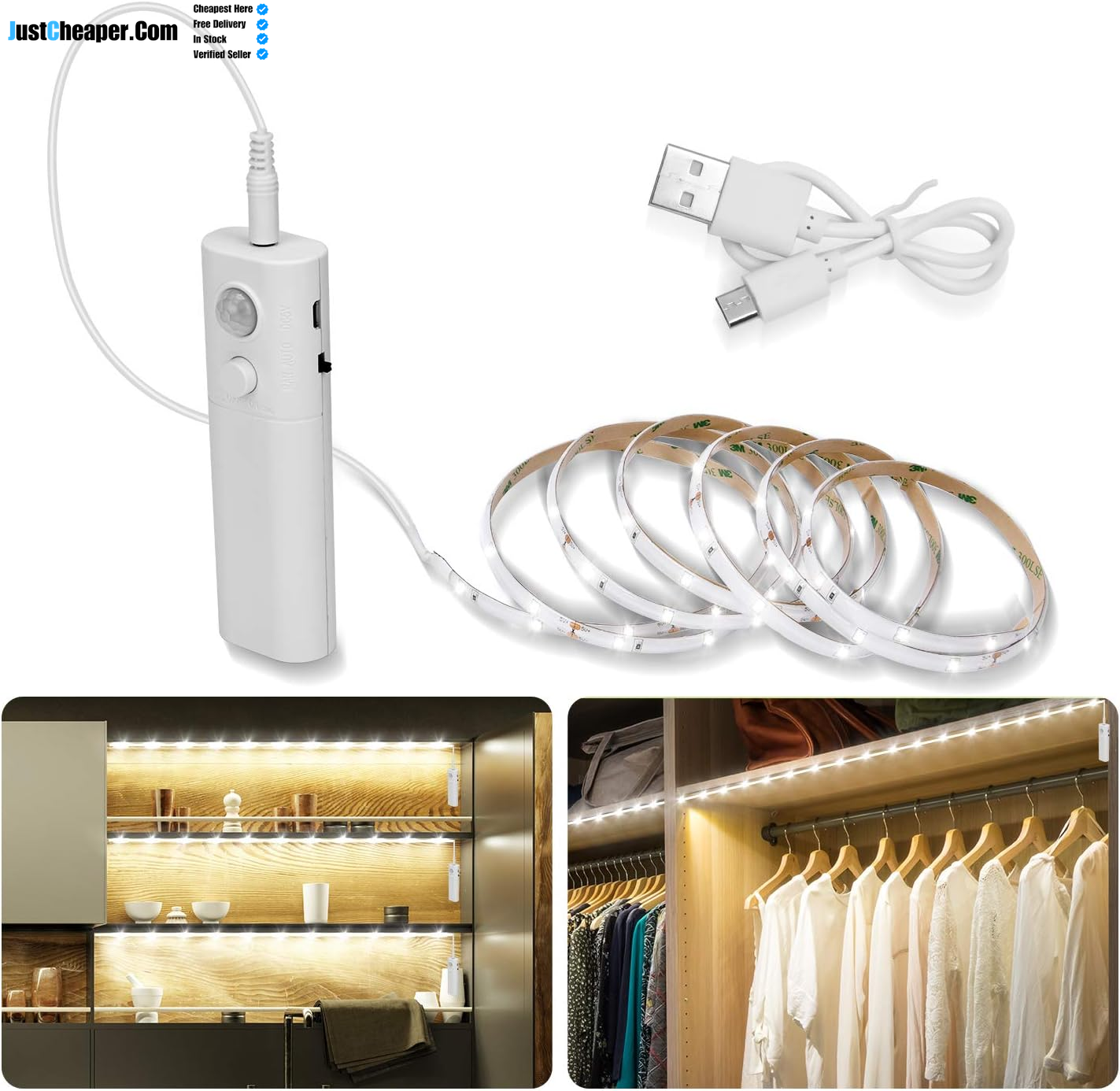 2M Motion Sensor LED Strip Lights with Rechargeable, 6000K Cold White under Cabinet LED Strip Lights for Kitchen Wardrobes, Closet, Cupboard