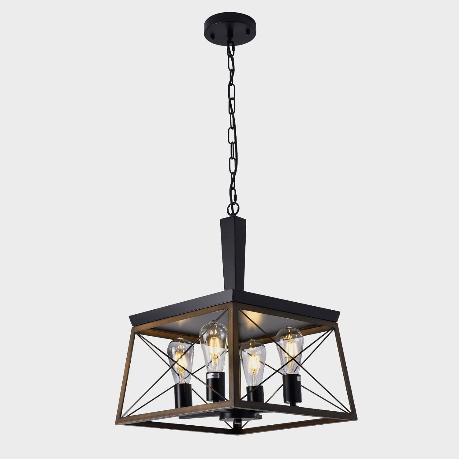 Kitchen Island Farmhouse Chandelier Rustic Vintage Linear Pendant for Dining Room Light 15" Square Black Metal Cage Chandelier Entryway Light UL Listed