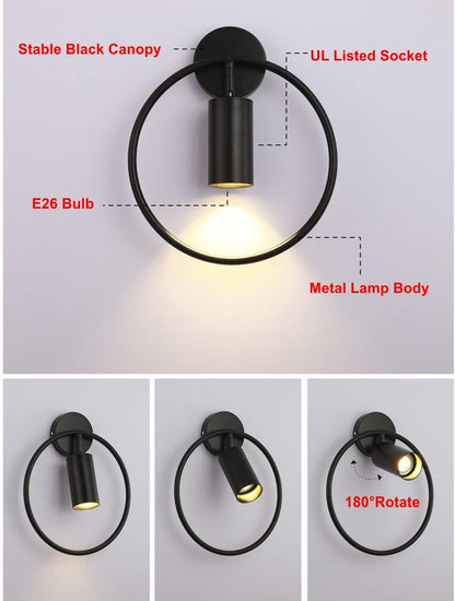 Modo Lighting Mid Century Wall Sconces Lighting 1-Light Wall Mounted Light Mid Century Wall Decor Lighting Lamp Circular Bedroom Light Fixture (Black, 2Pack)
