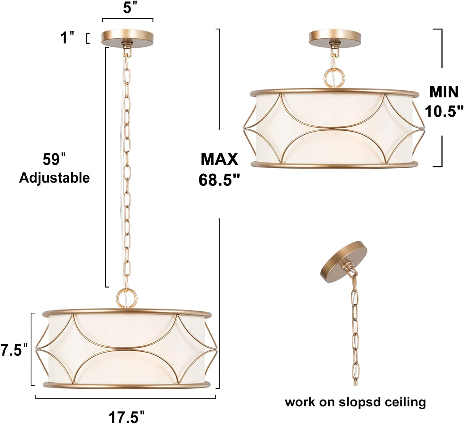 Gold Drum Chandelier, 3-Light Modern Pendant Lighting Fixture for Dining Room, Bedroom, Kitchen, Bathroom, Living Room