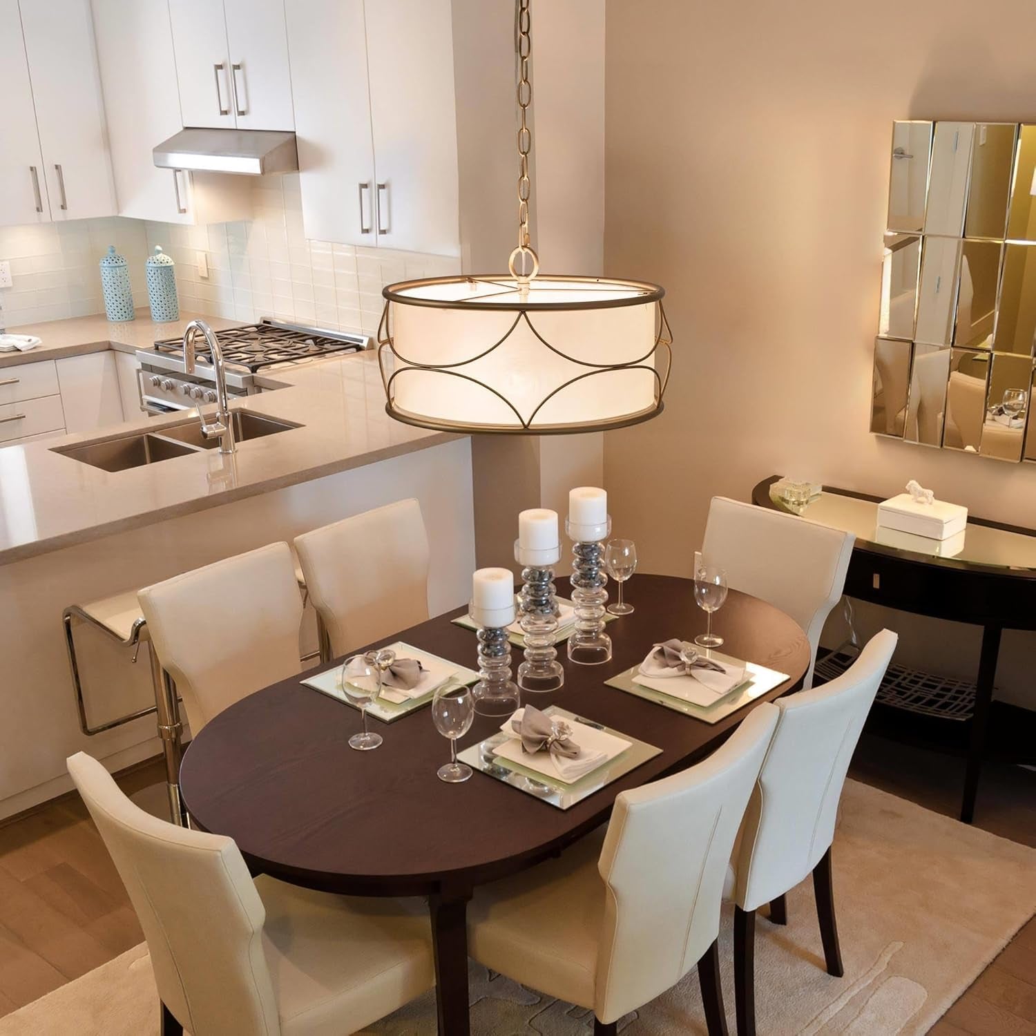 Gold Drum Chandelier, 3-Light Modern Pendant Lighting Fixture for Dining Room, Bedroom, Kitchen, Bathroom, Living Room