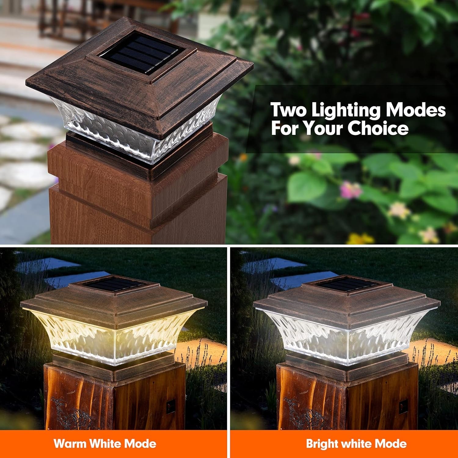 Solar Post Cap Lights 2 Lighting Modes Outdoor LED Lighting Deck Fence Cap Light Warm White/Bright White Lighting Suitable for 4X4 Wooden Posts (6Pk, Brushed Copper)
