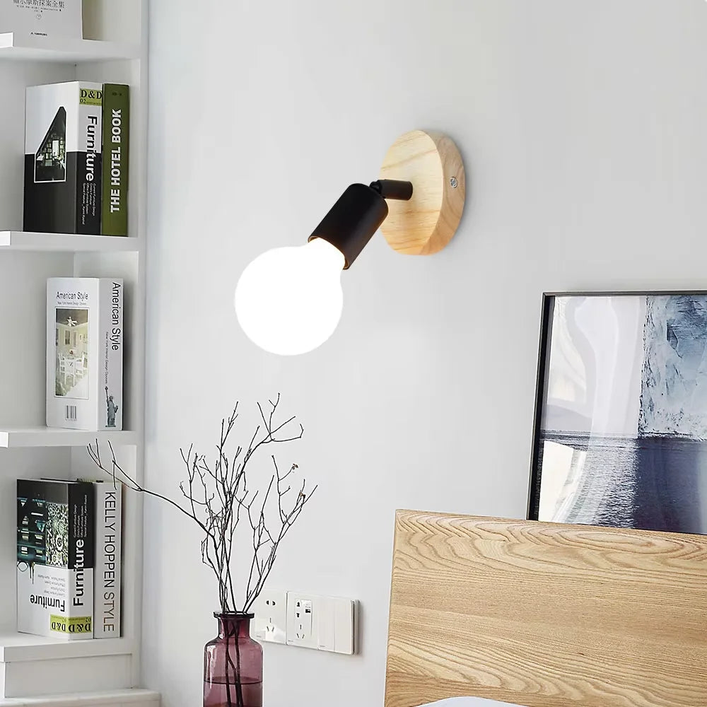 Nordic Vintage Wood Wall Lamp E27 Lamp Base Loft Iron Art Lights for Bar Cafe Restaurant Home Lighting 220V Black White