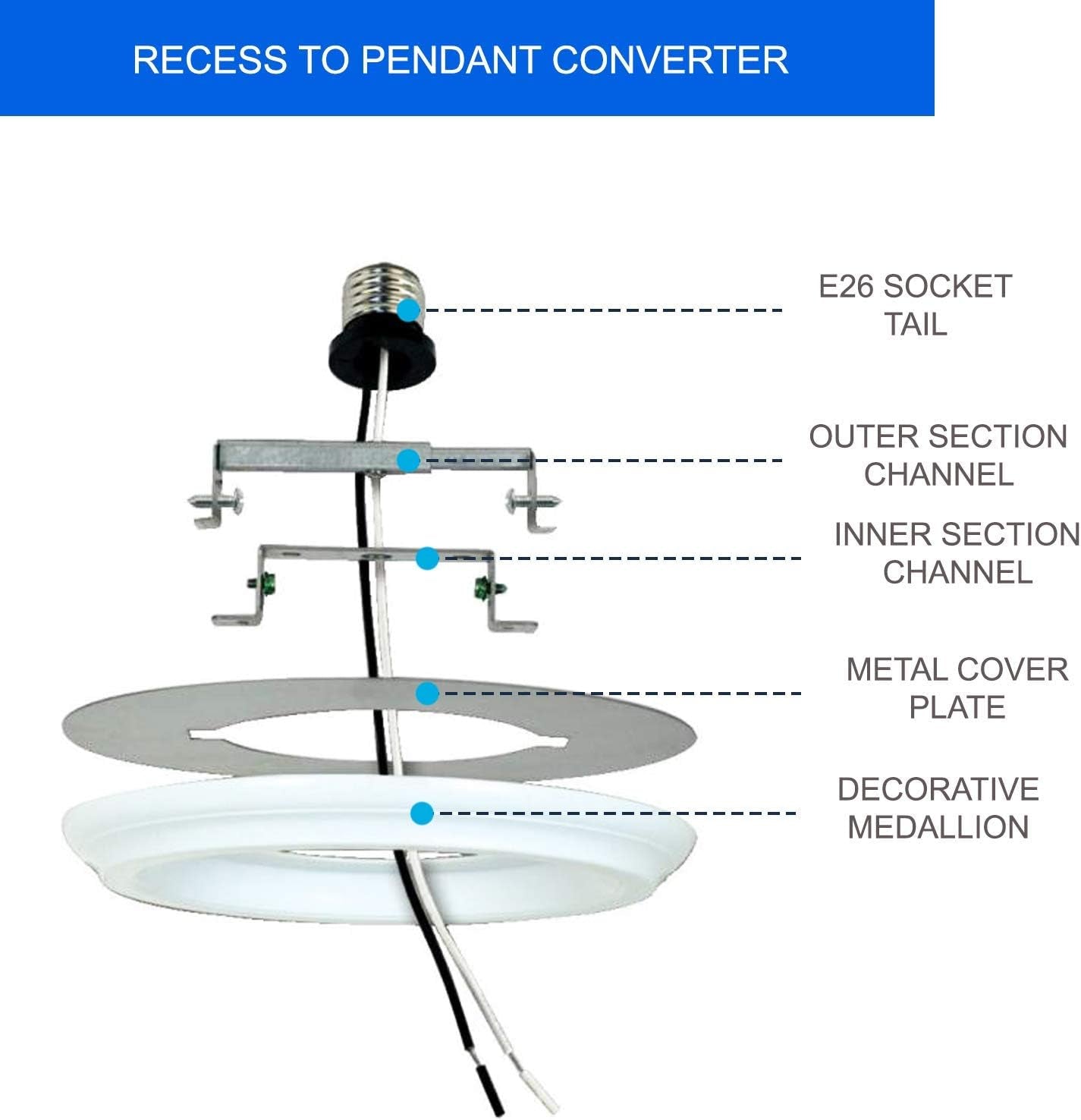 Lighting Recessed Can Light Conversion Kit to Pendant, Instant Light Conversion Kit for Light Fixtures in White Finish – 1 Pack