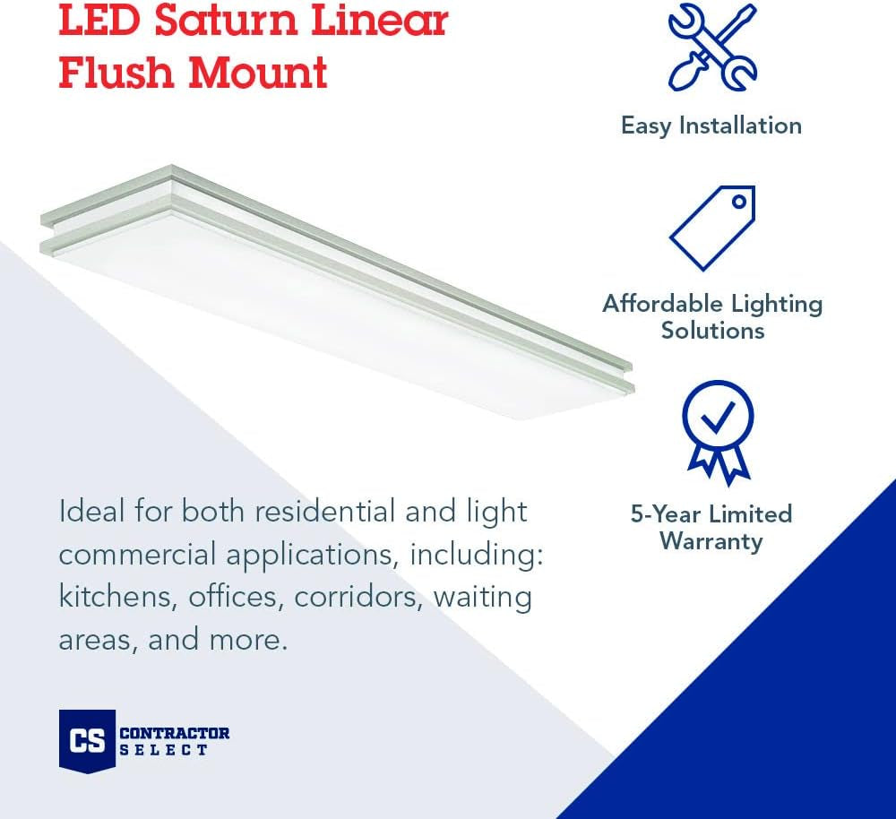 Saturn 4 Foot LED Kitchen Light Fixture, Linear Flush Mount Ceiling Light, 4000K Cool White, 3206 Lumens, 120 Volts, 39 Watts, Damp Listed, Brushed Nickel (FMFL 30840 SATL BN)