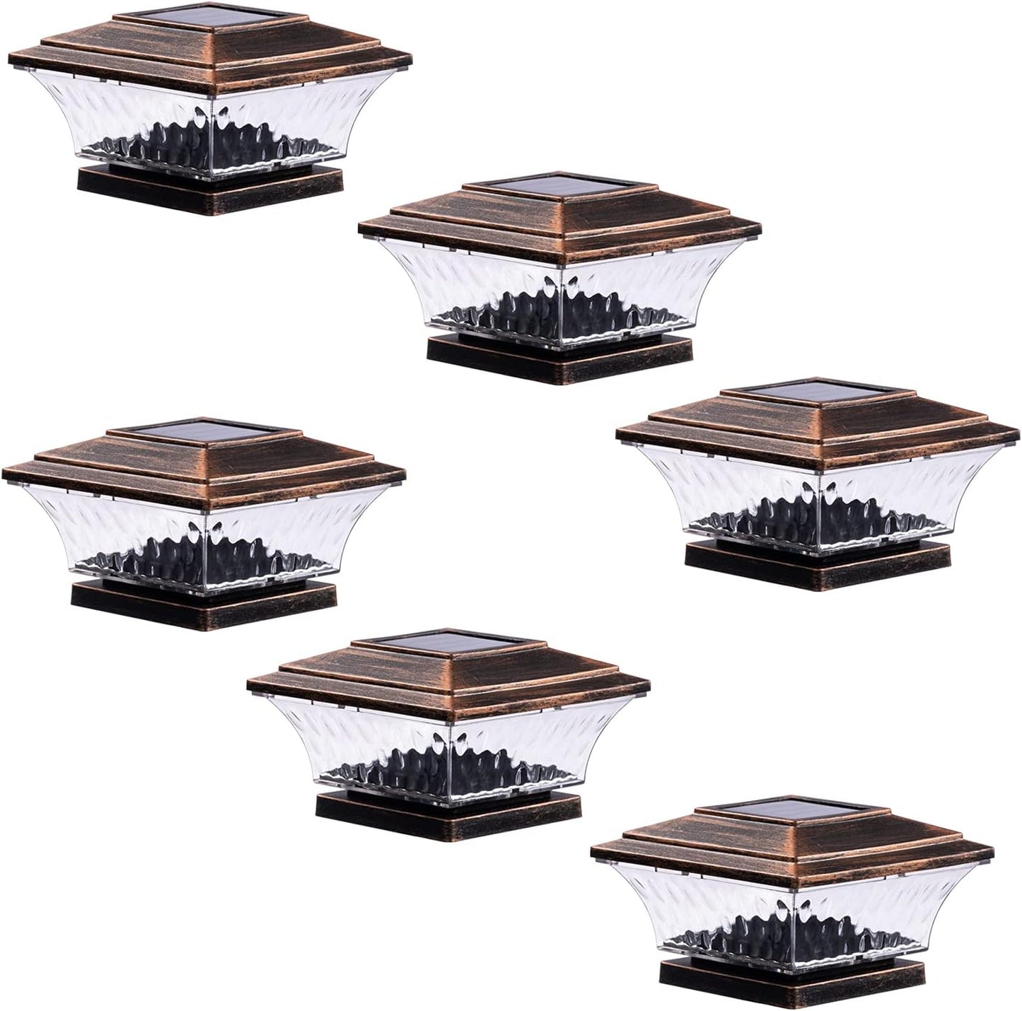 Solar Post Cap Lights 2 Lighting Modes Outdoor LED Lighting Deck Fence Cap Light Warm White/Bright White Lighting Suitable for 4X4 Wooden Posts (6Pk, Brushed Copper)