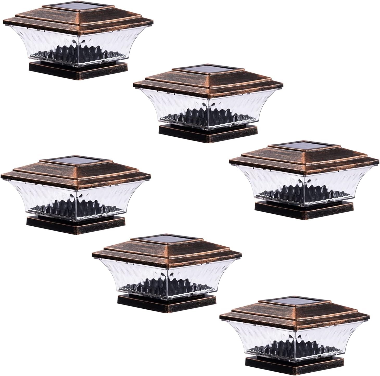 Solar Post Cap Lights 2 Lighting Modes Outdoor LED Lighting Deck Fence Cap Light Warm White/Bright White Lighting Suitable for 4X4 Wooden Posts (6Pk, Brushed Copper)