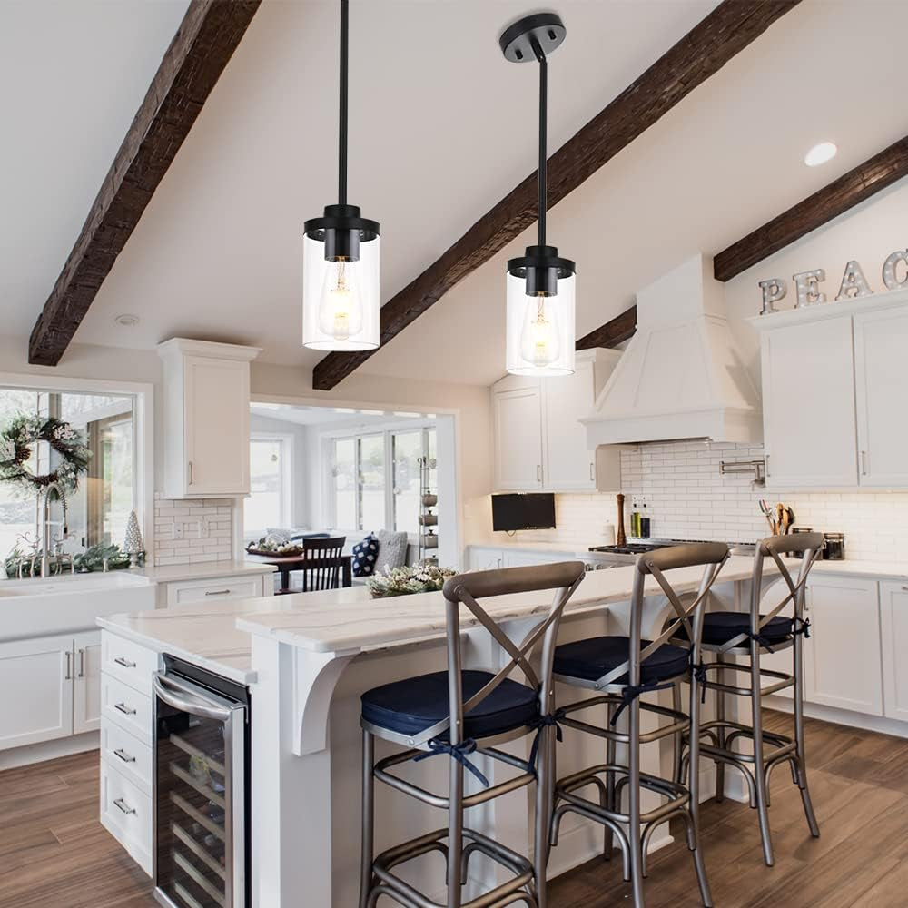 Pendant Light, Industrial One Light Kitchen Island Lighting, Modern Farmhouse Glass Shade Pendant, 11X7X6 Inches, Black, for Living Room, Bedroom, Hallway