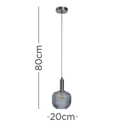 Brushed Chrome Hanging Ceiling Light Fitting with Ribbed Smoked Glass Shade