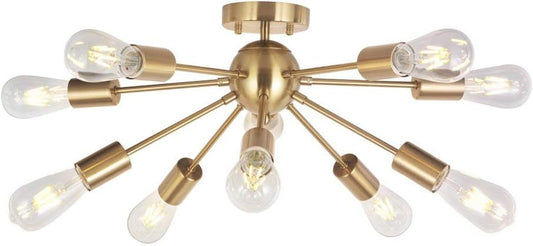 Modern Sputnik Chandelier Lighting 10 Lights Brushed Brass Semi Flush Mount Ceiling Light Gold Mid Century Pendant Lighting