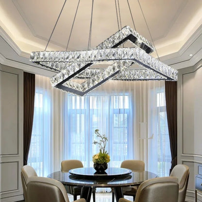 Chetram 1-Modern Crystal Square Chandelier - Luxury Chrome Flush Mount Ceiling Light with LED and Glass Droplets for Living Room, Bedroom, Foyer, and Restaurant