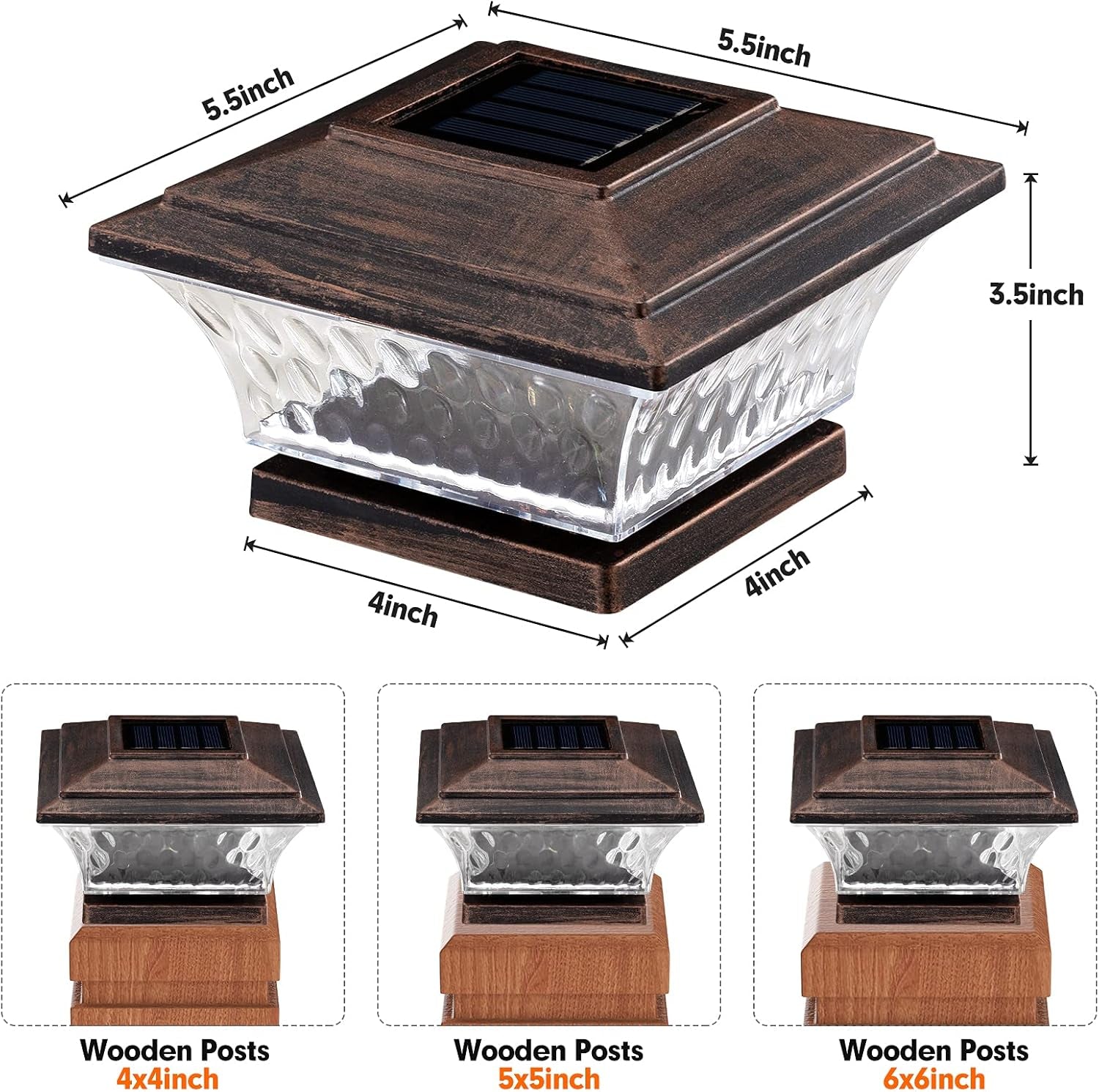 Solar Post Cap Lights 2 Lighting Modes Outdoor LED Lighting Deck Fence Cap Light Warm White/Bright White Lighting Suitable for 4X4 Wooden Posts (6Pk, Brushed Copper)