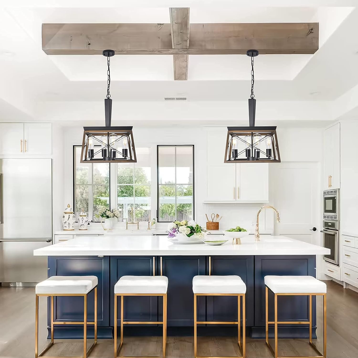 Kitchen Island Farmhouse Chandelier Rustic Vintage Linear Pendant for Dining Room Light 15" Square Black Metal Cage Chandelier Entryway Light UL Listed