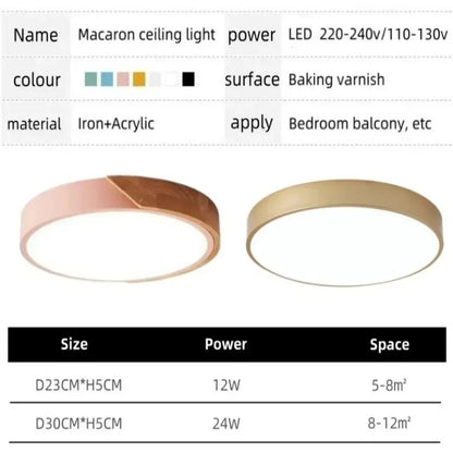 Macaron LED Ceiling Light Modern Simple Circular Wood Grain Ceiling Light Living Room Bedroom Balcony Indoor Decoration Light